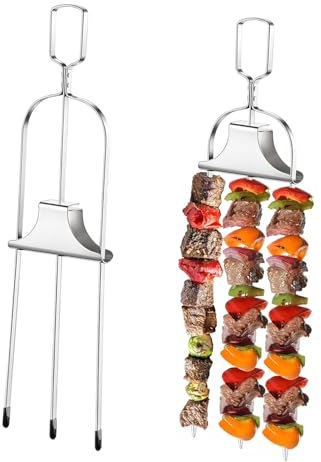 4 spiedini per kebab per grigliare, 35,5 cm, in acciaio inox, spiedini per kebab a 3 vie, con barra a spinta, spiedini per barbecue, shish e kebab, per carne, verdura, frutta all'aperto (2 pezzi)