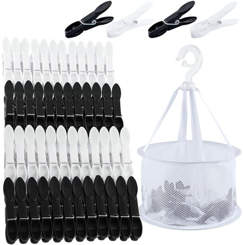 60 PCS Clothes Pegs for Washing Line with Bag, Plastic Pegs for Washing Line Waterproof, Black and White Washing Pegs, Windproof Laundry Pegs with Basket for Home and Garden