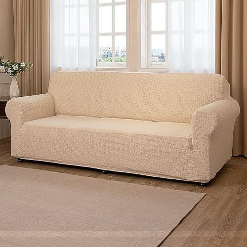 TIANSHU Funda Sofa 1 Plaza Ajustable de Jacquard – Funda Sillón Elasticas Cubre Sofá Fundas para Sofá Funda para Sillón Spandex Antideslizante Antimanchas Lavable (Estampado de Estrellas, Beige)