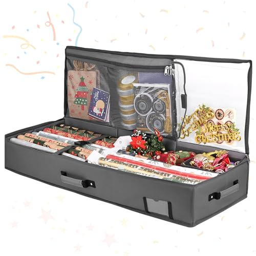 Geschenkpapier Aufbewahrung,95 * 35 * 16cm Geschenkpapier Organizer,Wasserdichtes 600D Oxford Gewebe Aufbewahrung Organizer,Aufbewahrung Geschenkpapierrollen mit 3 Fächern,Mobile Trennwand (grau)