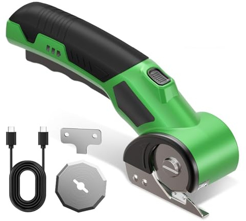 AURIVEE Kartonschneider Elektrisch Akku, 4V Wireless Elektrische Schere mit 2 Klingen, 2000mAh Wiederaufladbar mit Sicherheitssperre & LED-Leuchte für Karton, Leder, Teppich, Kunststoff