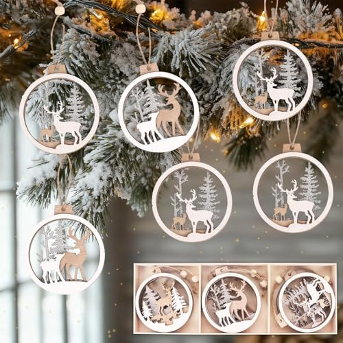 Weihnachstbaum Schmuck Rentier Holz Ornamente 6 Stück, Christbaumschmuck Aus Holz Rustikaler Weihnachtsschmuck Im Waldstil Hängende Weihnachtsdekoration für Weihnachtsbaum Fenster Garten Bar Dekor