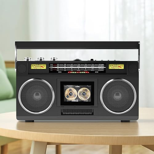 LIULIQ Reproductor De Casetes Portátil Boombox, Radio Estéreo De Doble Canal con 4 Altavoces, Entrada Auxiliar USB SD, Conector para Auriculares, Compatible con Entradas SD/USB/TF