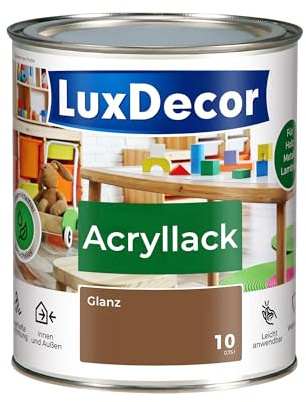 LuxDecor Acryllack 750ml Glänzend (10) Haselnusswald, Holzlack Buntlack, Spielzeuge Metall Möbel Fenster Sicher Kindermöbel Spielzeuge