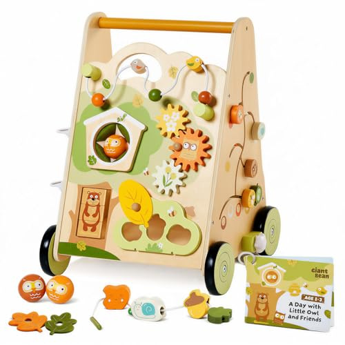 Giant bean Wooden Baby Walker, 10-in-1 Forest Themed Montessori Push Toy for Toddlers 1–3, Bead Maze, Shape Sorter, Gears, Puzzles & Fine-Motor Learning, Speed Adjustable Wood Walker