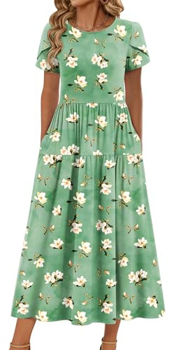 Zeagoo Easter Dress Casual Loose Bohemian Floral Dress A Line Flowy Long Maxi Dress with Pocket Green Floral L