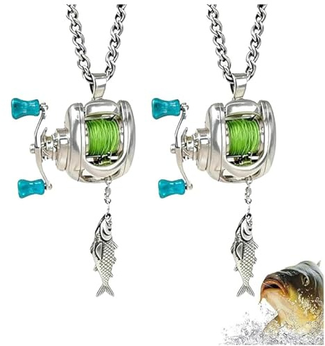 Genérico Mini collar con carrete de pesca, llavero con carrete giratorio, llavero con carrete giratorio realista, para pescadores y amantes de la pesca (2pcs)