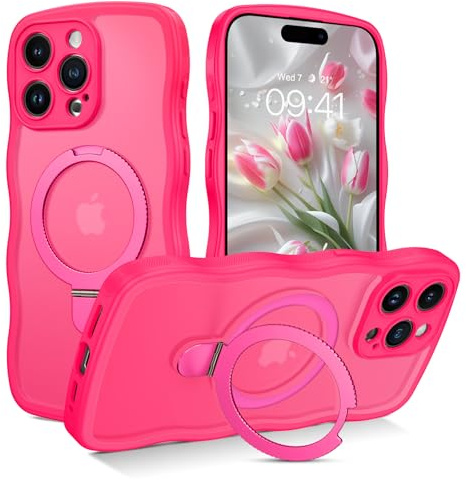 GaoBao Magnetic for iPhone 15 Pro Case with Ring Stand,[Compatible with Magsafe] Curly Wave Frame Phone Case Translucent Matte TPU Bumper Shockproof Protective Cover for iPhone 15 Pro, Hot Pink