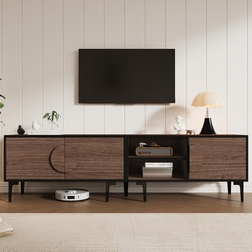 TIZZ Mueble para TV de 180 x 35 x 49 cm, armario de TV para salón, con 2 armarios y compartimentos abiertos, color nogal oscuro, apto para televisores de 80 pulgadas