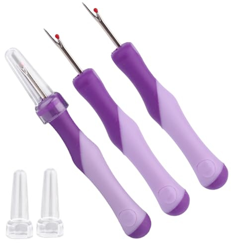 3pcs Seam Ripper, Stitch Remover Tool with Safety Caps and Small Red Ball for Hand Sewing Knitting Cross Stitch Embroidery Thread Removal(Purple)