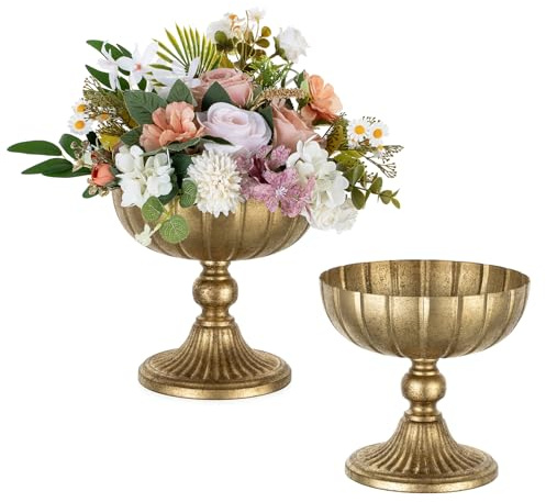 NUPTIO Vaso Fiori Dorati Anticato: 20,7cm Altezza Vasi in Metallo per Centrotavola Matrimonio Natale Tavola - Oro Finte Fioriera per Interno Esterno Decorativo Set Da 2