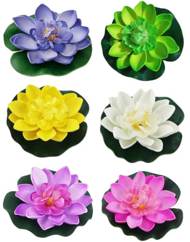 Temeemeg 6PCS Lotus Flower Decor 4 Inch EVA Realistic Floating Flowers with Water Lily Pad Ornaments for Home Garden Pond Pools Aquarium Water Decorations