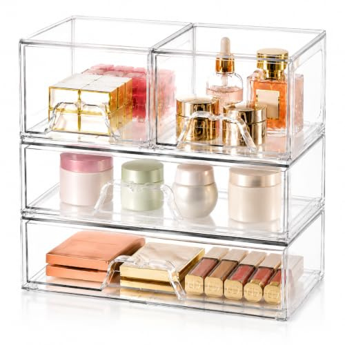 Geterral 4er Set Kosmetik Organizer mit Schubladen, Stapelbar, Transparent | 4 separate Boxen – einzeln, nebeneinander oder gestapelt für Schminktisch, Bad, Büro, Küche und Vorratskammer
