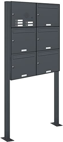 AL Briefkastensysteme 5er Standbriefkasten Anthrazitgrau RAL 7016 mit Klingel als 5 Fach Briefkastenanlage in Postkasten Briefkasten Design modern