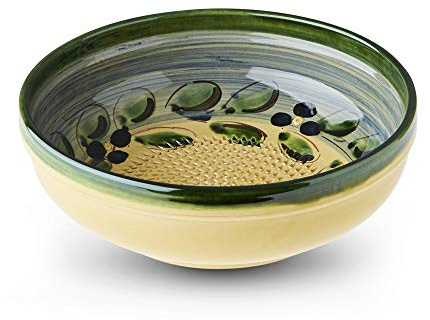 Large Salad Bowl with Garlic Grater. Handmade and Handpainted in Cordoba, Spain. (Yellow and Green Bowl with Green Rim. Olive and Flower Pattern. 1)