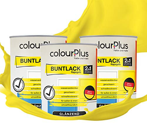 colourPlus® vernice colorata 2in1 (2,25L, RAL 1021 giallo colza) extra lucido vernice acrilica - vernice per giocattoli per bambini - vernice per legno - vernice per legno da interni