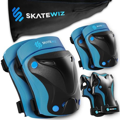 SKATEWIZ Inliner Schoner Kinder - Knieschoner Kinder - Knieschützer - Schützer Inliner Schutzausrüstung - Protektoren Knie und Ellenbogenschützer - Schlittschuhe, Blue Größe M