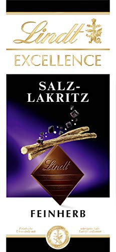 Lindt EXCELLENCE Salz-Lakritz - Feinherbe Schokolade | 100 g Tafel | Mit würzigem Salz-Lakritz | Intensiver Kakao-Geschmack | Dunkle Schokolade | Schokoladengeschenk