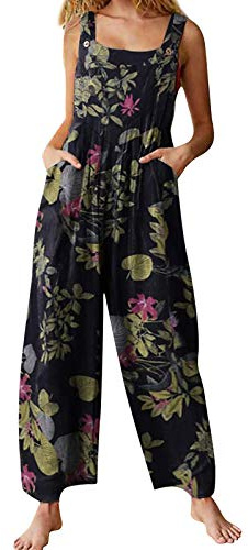 Carolilly Combinaison d'Été sans Manche pour Femme Pantalon Salopette Imprimée avec Poches Jumpsuit Chic et Élégant