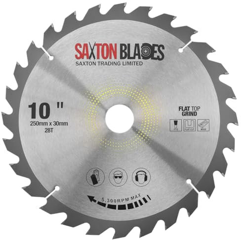 Saxton Flat Top TCT Circular Saw Blade 250mm x 28T x 30mm Bore + rings fits Bosch Makita etc