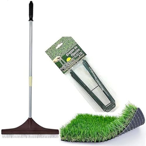 Suinga Cepillo Cesped Artificial | Cepillo Cesped Artificial Limpiar y peinar | Cepillo Telescópico 122 cm + 100 Grapas fijación Cesped