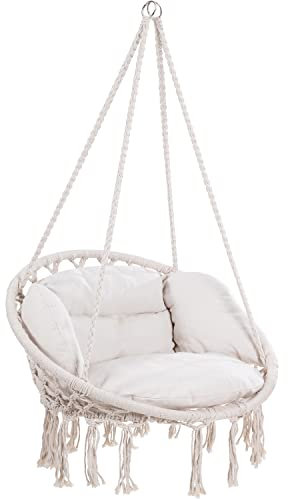 DETEX® Hängesessel bis 150kg Belastbar Boho Stil Wetterfest GS-Zertifiziert Garten 360° Drehbar Creme Hängestuhl Indoor & Outdoor inkl. bequemer Kissen