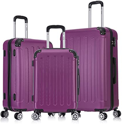 Flexot® F-2045 Koffer, Handgepäck & 3tlg Kofferset (16 Farben zur Auswahl) Zwillingsrollen Bordcase Suitcase Reisekoffer Koffer Kofferset Trolleys Hartschale (3tlg. Set, Aubergine)