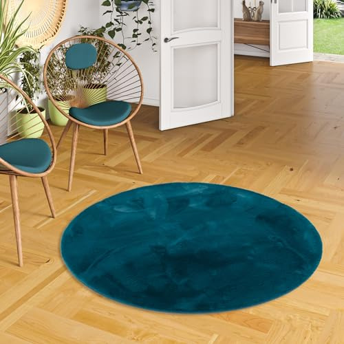Luxus Super Soft Kunstfell Fellteppich Plush Petrol Rund in 3 Größen