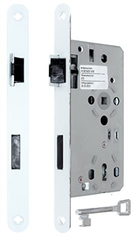 SN-TEC Zimmer Türschloss Objektschloss mit Flüsterfalle Kl.III BB Buntbart 55/72/8, Weiss lackierte Stulp 20x235mm, DIN Links abgerundet (BB Buntbart LINKS)