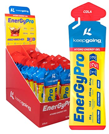 keepgoing - Gel Energético EnergyPro Sabor Cola 12 uds x 60g | Energy Gel Ciclismo y Running con 80mg Cafeína | Ratio 1:0,8 Maltodextrina: Fructosa