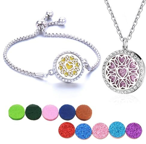 RIXERKOC aromaterapi diffusor eterisk olja armband halsband set, justerbar diffusör medaljong hänge set med 10 påfyllningskuddar för kvinnor flickor, Rostfritt stål