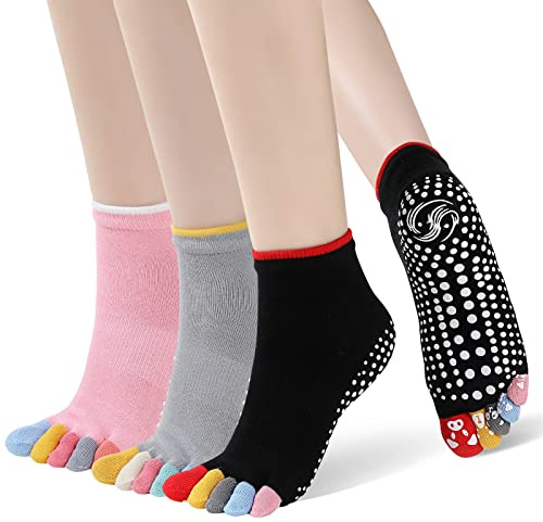 PUTUO Yoga Chaussettes Antidérapantes Femme: Chaussettes Pilates avec Orteils pour Femme Socquettes en Coton Anti Dérapantes à Doigts de Pied pour Sport Danse Ballet Taille 40-43, 3 Paires