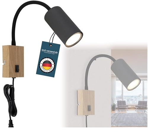 bmf-versand® Steckdosenlampe mit Schalter - Wandleuchte Innen Kinderzimmer mit Stecker und Kabel - Steckerleuchte Schwarze Wandlampe Schlafzimmer für Steckdose Holz Optik - Leselampe Wandmontage