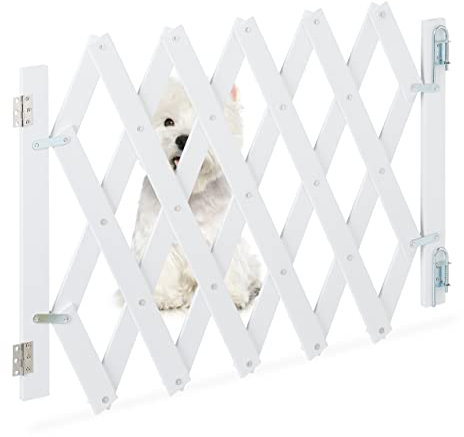 Relaxdays Hundeabsperrgitter ausziehbar bis 108,5 cm, 47,5-60 cm hoch, Bambus, Hunde Schutzgitter für Treppe & Tür, weiß
