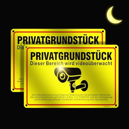 Goodvia Schild Videoüberwachung Privatgrundstück DSGVO Aluminium-Metall 30x20cm(A4) Grundstück Videoüberwacht Schild UV-Schutz Reflektierend und Wasserdicht Innen- und Außeneinsatz | 2 Stück