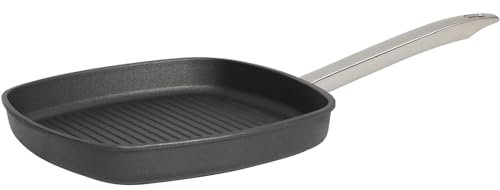 SKK Aluguss Grillpfanne 28x28 cm - induktionsgeeignet - viereckige Antihaft Steakpfanne gerippter Pfannenboden & Edelstahl Griff - Made in Germany