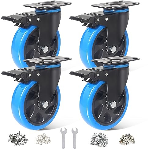 BAOLIHUI 125mm Schwerlastrollen Blau 4er Set Möbelrollen Bis zu 800KG, 360 Grad Doppelverriegelung Rollen mit Bremse, inkl. Schrauben & Staubschutzring - Ideal für Werkbänke Werkzeugwagen Paletten