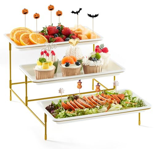 Lifewit Plateau de Service avec 3 Plats, Plateau Repas, Grand Plastique Rectangulaire 30×17cm, Presentoir Aperitif Buffet, Présentoir à Gâteaux, Panier Fruits, Support en Métal Doré