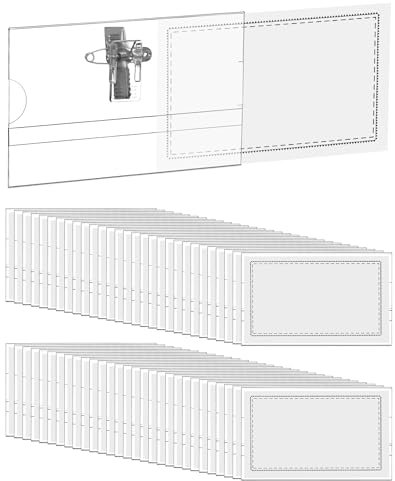 QWORK® 100PCS Porte Badge Horizontal avec Épingle et Clip, 90mm x 56mm, Épaisseur de 0,35mm, PVC Transparent