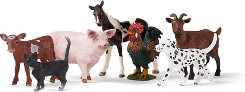 schleich Farm World | Set Animali della Fattoria 77533 con Cane, Gatto, Maiale, Capra, Mucca, Cavallo e Gallo | playset Dettagliato con 7 Figure | Giocattolo da Fattoria da 3 Anni | Solo su Amazon