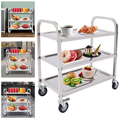 Chariot de service en acier inoxydable - Cuisine - Transport polyvalent - Repas - Service de restauration - 3 étages - 4 roues - 75 x 40 x 83,5 cm