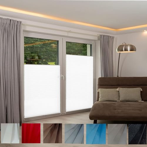 Klemmfix Plissee Ohne Bohren 30 x 80 cm Sichtschutz und Sonnenschutz Blickdicht Plisseeroll Rollo für Fenster mit Klemmträger für Fenster und Tür, Weiß
