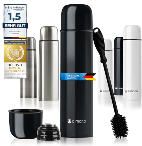 Edelstahl Thermosflasche mit Becher & Bürste; Thermoskanne Doppelwandige Isolierkanne; Auslaufsicher, Spülmaschinenfest & BPA-frei + Reinigungsbürste; hält Getränke heiß & kalt (Schwarz - 1000 ml)
