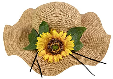 Strohhut Damen Sommer UV Schutz Strandmütze Breite Krempe Sonnenhut Wellendesign Sonnenhut mit Großer Sonnenblume Faltbare Sommervisier Outdoor Hut