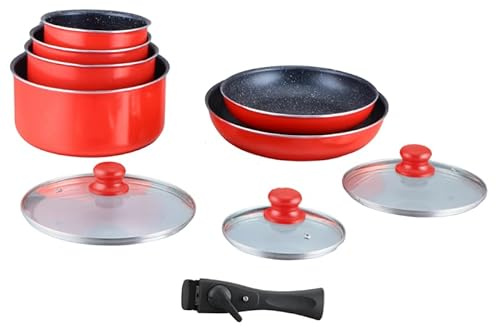 HAGEN, Batería de cocina con recubrimiento de piedra, Mango desmontable, 10 piezas, Rojo, Recubrimiento antiadherente, Todos los quemadores, Incluye inducción, HA04623