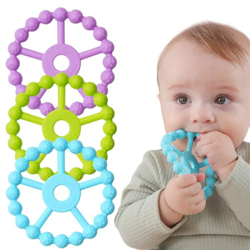 Beißring Baby, 3er Pack Beissring Baby Spielzeug Kühlend, Seposeve Silikon Greifling Baby Spielzeug ab 9 Monaten, Babygeschenke 6-12, 12-24 Monate, Babygeschenke, BPA-FREI, Hell Lila Grün Blau