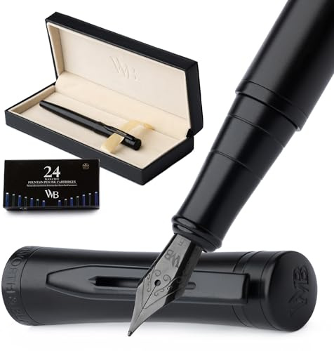 Wordsworth & Black Reservoarpennaset, Fin Spets, Inkluderar 24-Pack Bläckpatroner, Bläckpåfyllningskonverter Och Presentask, Kalligrafi, [Helsvart]