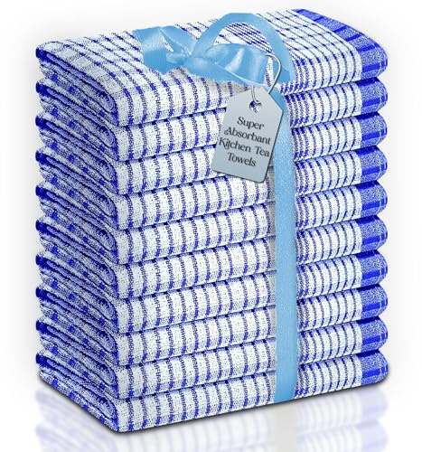 BellaTela Wonderdry Large Cotton Tea Towels for Kitchen (50 x 75cm) Pack of 10 - Super Absorbent, Quick Drying & Long Lasting - Premium Cotton Kitchen Towels - Suitable for Home, Catering, Bars (Blue)