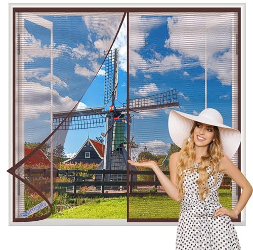 Magnetic Fly Screen Windows 150x140cm Brown Anti Mosquito Mesh Fly Curtain Insect Protection Door No Gap Walk Through Easily for Bedroom/Kitchen