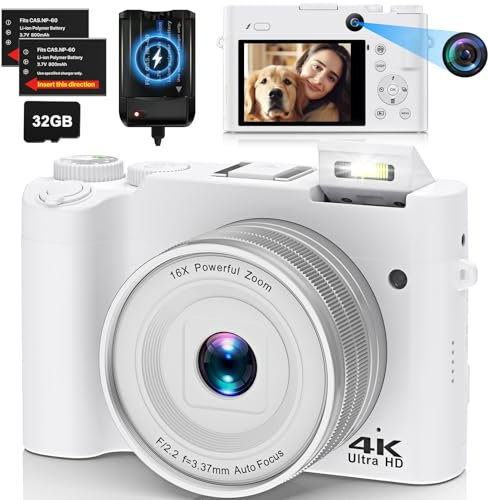 Appareil Photo Numérique 4K 64 MP Autofocus Vlogging Anti-Shake Zoom 16X - Carte 32G, 2 Batteries - Compact Pour Adolescents et Débutants (Blanc)